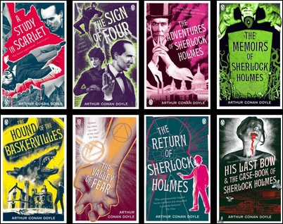 A collection of book covers for Sherlock Holmes stories