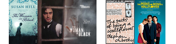 Book covers and film posters for The Woman in Black and the Perks of being a Wallflower
