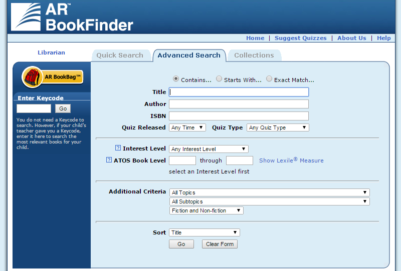 Screenshot of the Advanced Search on AR BookFinder