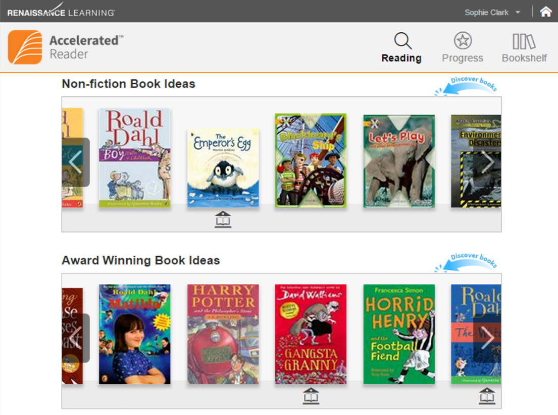 Screenshot of the Accelerated Reader book discovery non-fiction and award winners