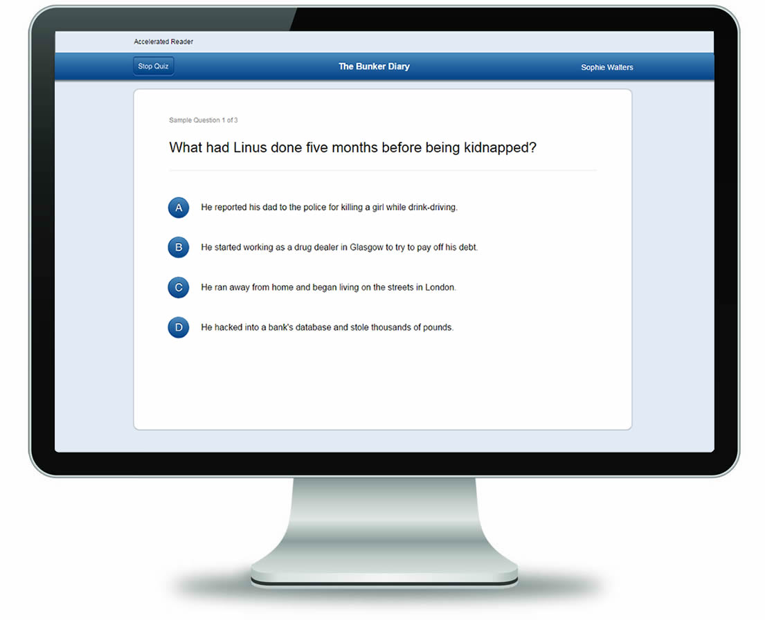Screen showing an Accelerated Reader quiz question