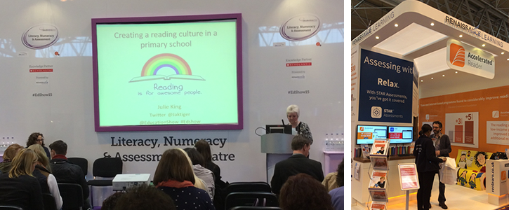 Photo of the Renaissance Learning stand and Julie King leading a session at the Education Show 2015