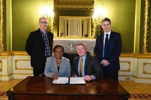 Peter Schneider and Adrian Hall, our International Partnerships Directors, signing a three year agreement with the Seychelles Minister for Education, Mrs Jeanne Simeon. MP Gavin Williamson, Secretary of State for Education, joined us too.