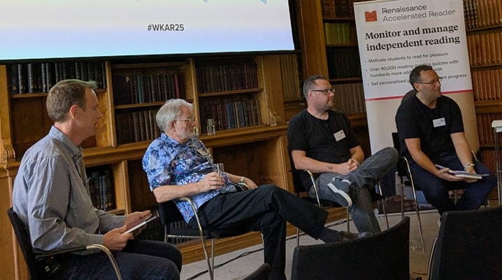 What Kids Are Reading 2025 Panel Discussion between Crispin Chatterton, Director of Education at Renaissance (sat on the far left), Professor Keith Topping (L), educator and author Matt Beighton (R) and Sunday Times bestselling author, Dan Freedman (sat on the far right)