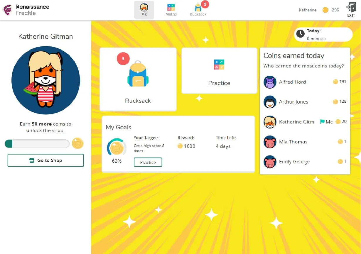 Freckle student dashboard