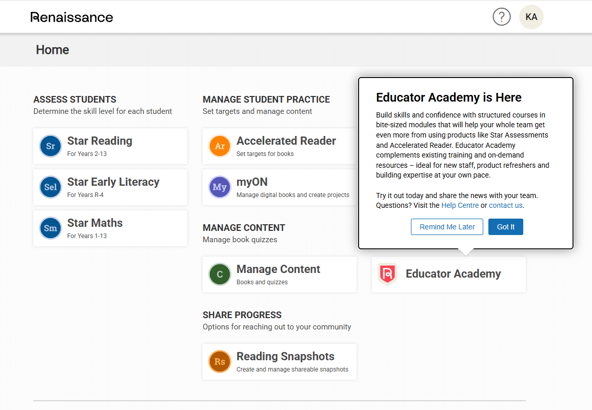 Screenshot of RGP Home screen with Educator Academy